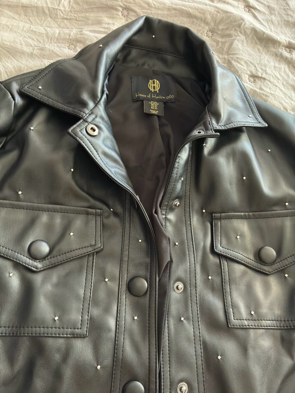 House of Harlow 1960 Black Studded Faux-Leather Bomber Jacket